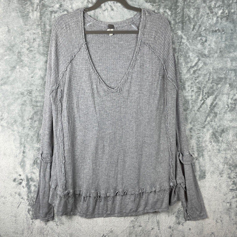 Free People Laguna Thermal Top Womens Large Waffle Knit Distressed Gray 668202